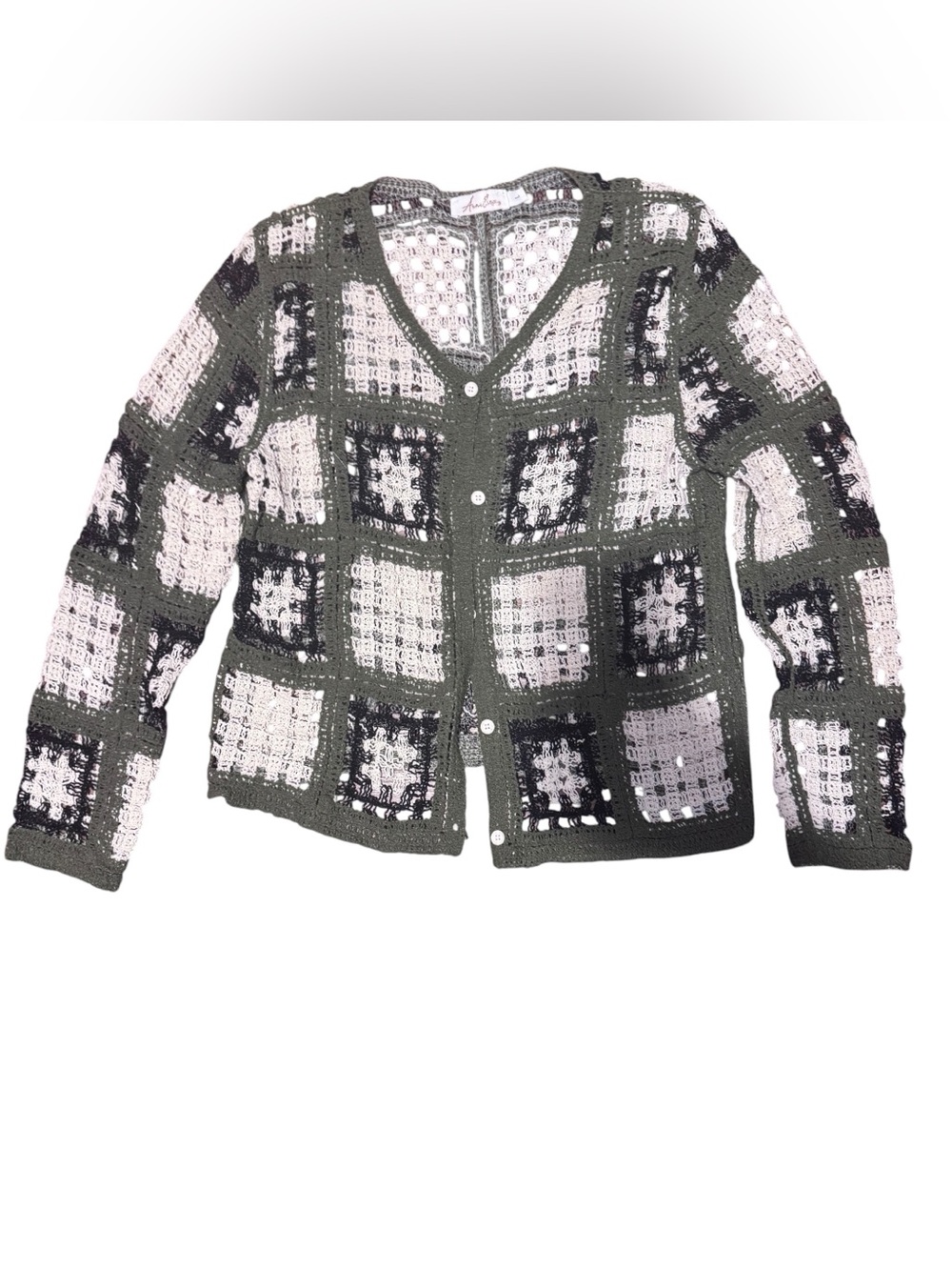 Granny Square Crochet Plaid Button-Front Cardigan Sweater - Olive/White Womens L